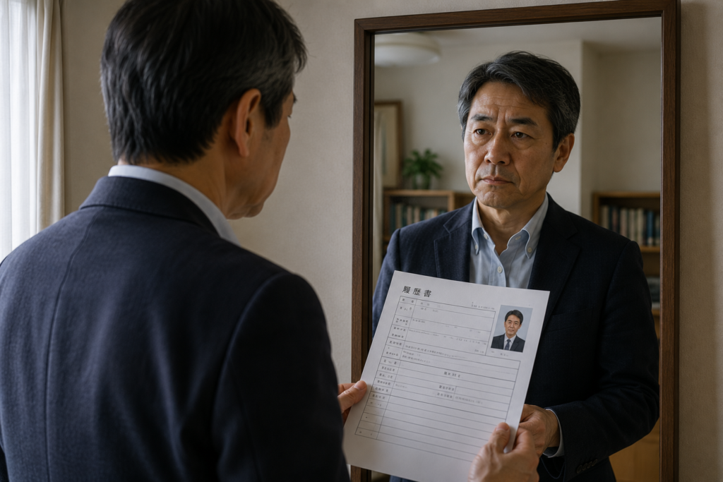 中年男性が履歴書を持って再就職できるか自分自身に問いかけている画像