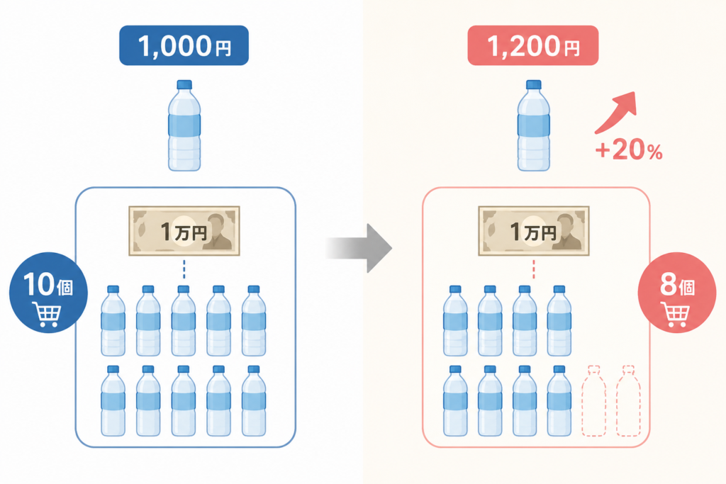 物価が20%上がると、同じ1万円でも買える物の数が10個から8個に減ることを表した画像