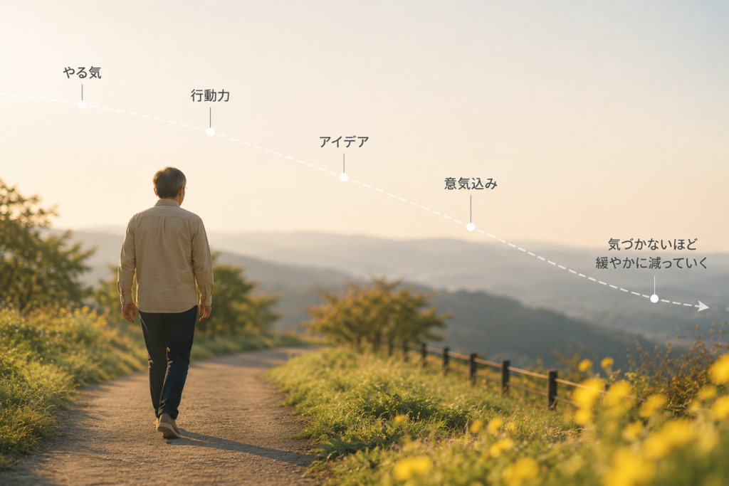 やる気や行動力や意気込みが少しずつ減っていく感覚を表した画像