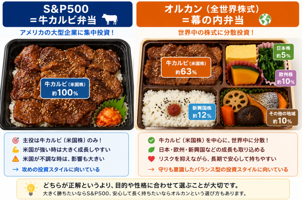 S&P500とオルカンをお弁当に例えて比較した画像。S&P500は米国株100%の牛カルビ弁当、オルカンは米国株を中心に日本株・欧州株・新興国株などへ分散した幕の内弁当として、投資スタイルの違いをわかりやすく説明している。
