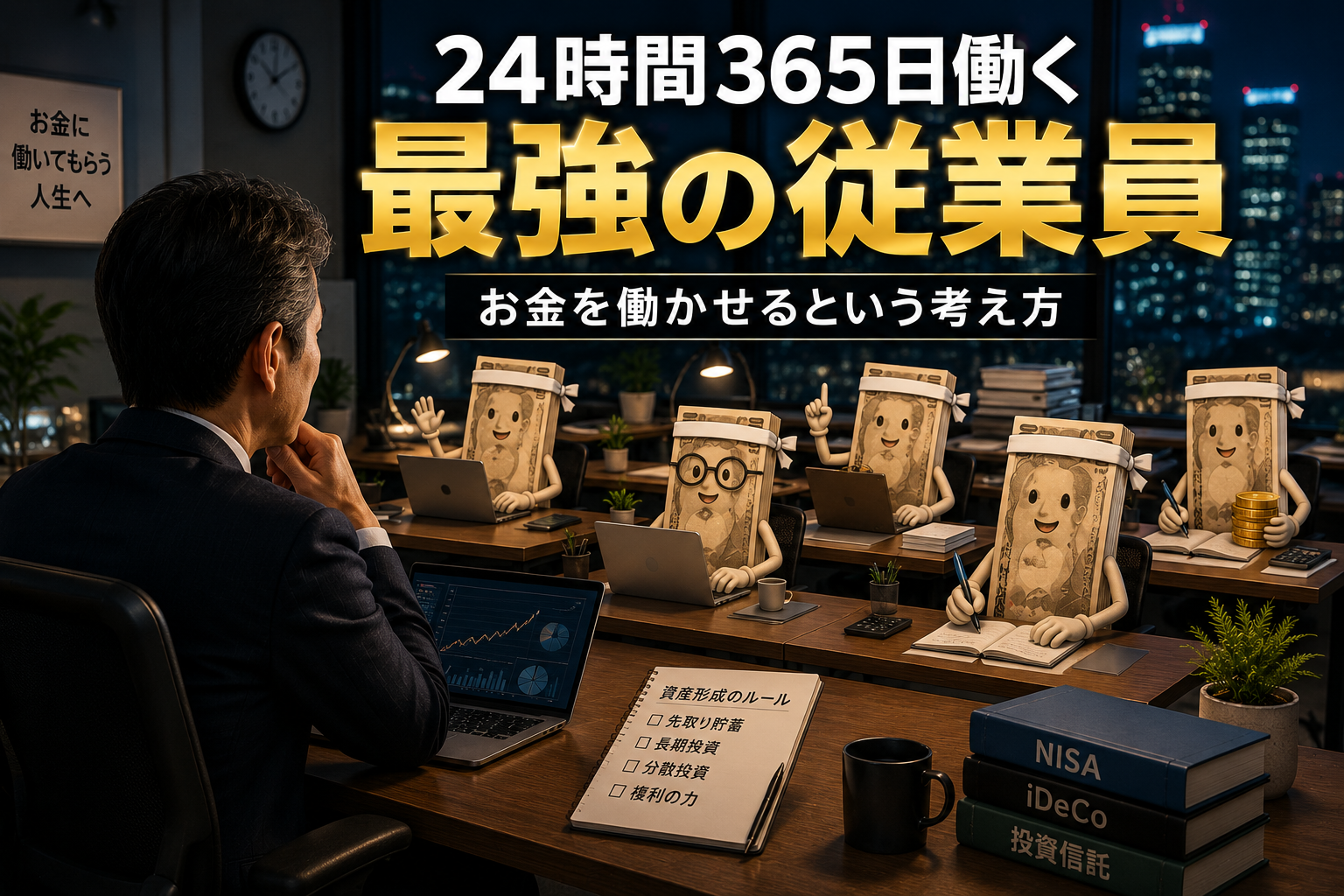 夜のオフィスで、男性がパソコンを確認しながら、部下に見立てた複数の一万円札が仕事をしている様子。「24時間365日働く最強の従業員」として、お金に働いてもらう考え方を表したアイキャッチ画像。