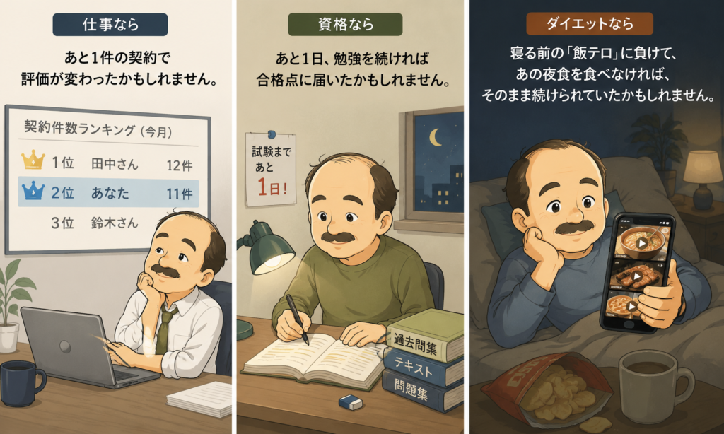 仕事・資格・ダイエットで、あと一歩のところで諦めてしまう場面を比較したイラスト