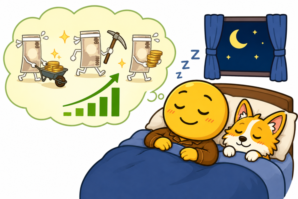 ベッドで眠る男性と犬の横で、お金の従業員たちが利益を生み出している様子をイラストで表現。寝ている間や休日も、お金が24時間365日働き続ける資産形成の考え方を伝えている。