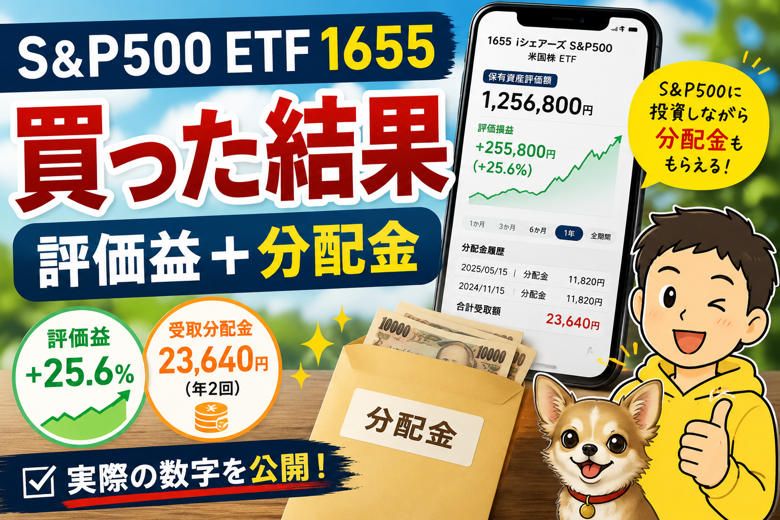 S&P500 ETF「1655」の保有結果として、評価益と受取分配金を公開しているアイキャッチ画像