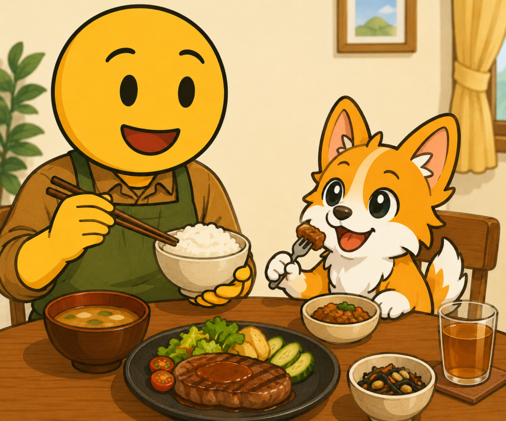 黄色い顔のキャラクターとチワワが、食卓で美味しい食事を楽しんでいるイラスト。分配金を使って、少し贅沢なご飯を楽しむ様子を表現している。