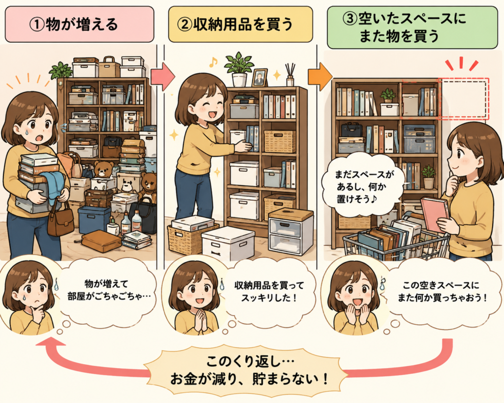物が増える→収納用品を買う→空いたスペースにまた物を買うという、お金が貯まりにくくなる負のループを分かりやすく表現した3コマ漫画のイメージ画像。