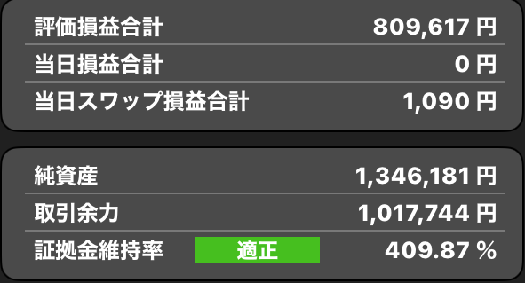 楽天FX口座の資産状況。純資産134万6,181円、取引余力101万7,744円、証拠金維持率409.87％、当日スワップ1,090円を表示した画面。