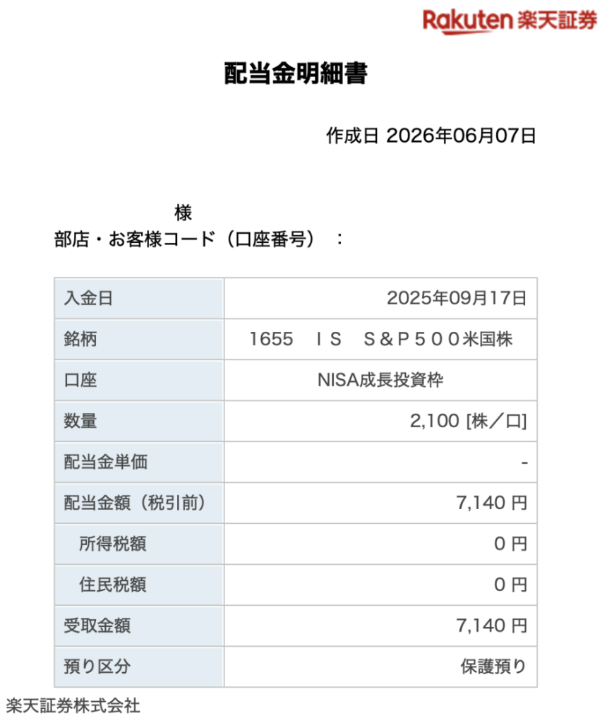 NISA成長投資枠で保有する1655の分配金が非課税で受け取れていることを示す楽天証券の分配金明細書。