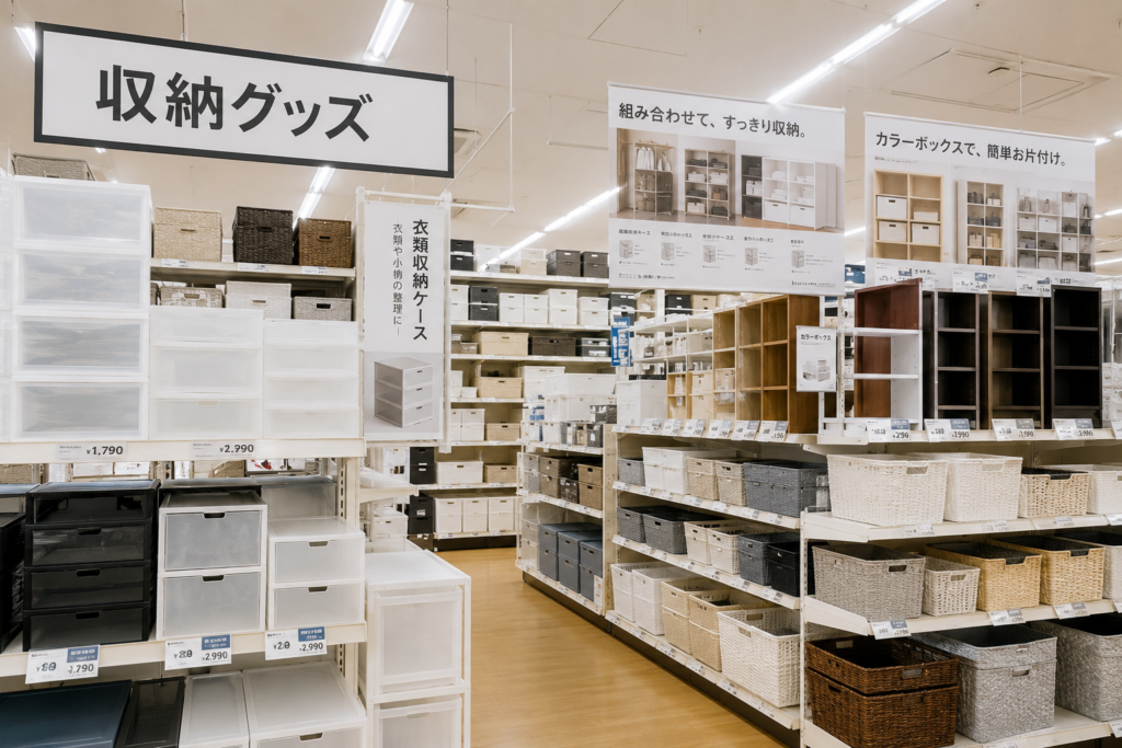 ホームセンターの収納用品売り場。本棚や収納ケース、収納ボックス、バスケットなどが整然と並び、物を整理するための商品が豊富に販売されている様子。