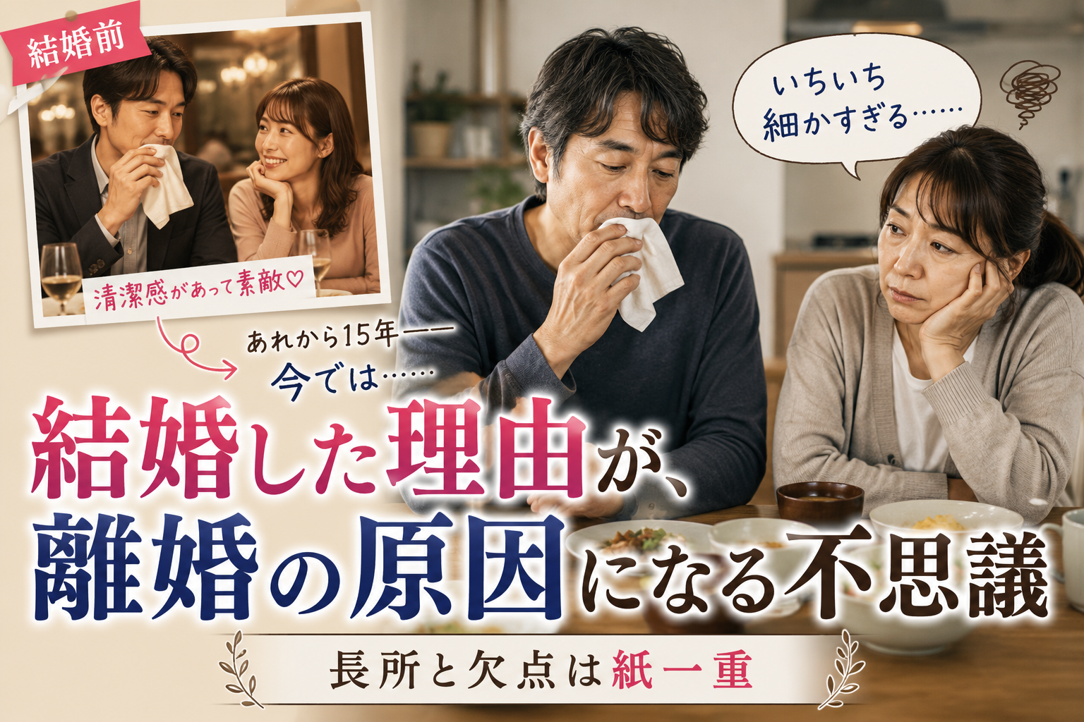結婚前はハンカチで口元を拭く男性を「清潔感があって素敵」と見ていた女性が、15年後には同じ行動を「細かすぎる」と感じる様子を比較し、「結婚した理由が、離婚の原因になる不思議」を表現したアイキャッチ画像。
