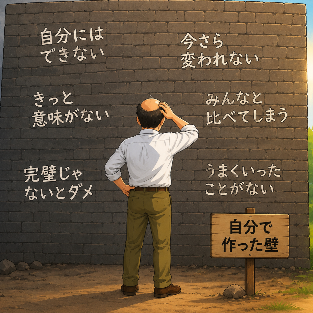 「自分にはできない」などの思い込みで作った壁の前に立ち、自分の限界について考える中年男性のイラスト