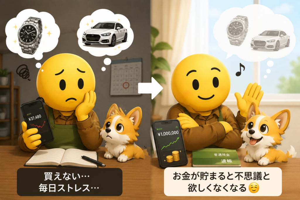 買えないストレスと、お金が貯まると不思議と欲しく無くなるを表現した画像
