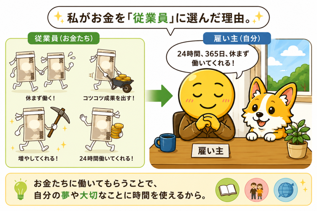 お金を「従業員」に見立て、24時間365日休まず働き、利益を生み出す資産形成の考え方をイラストで解説した比較図。お金たちが働く様子と、雇い主が安心して見守る姿を描いている。