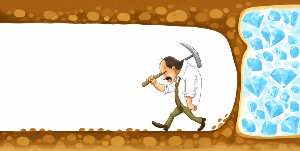 つるはしを持った男性が、ダイヤモンドの鉱脈の目前で諦めて引き返そうとしているイラスト。成功はあと一歩先かもしれないことを表現した画像。