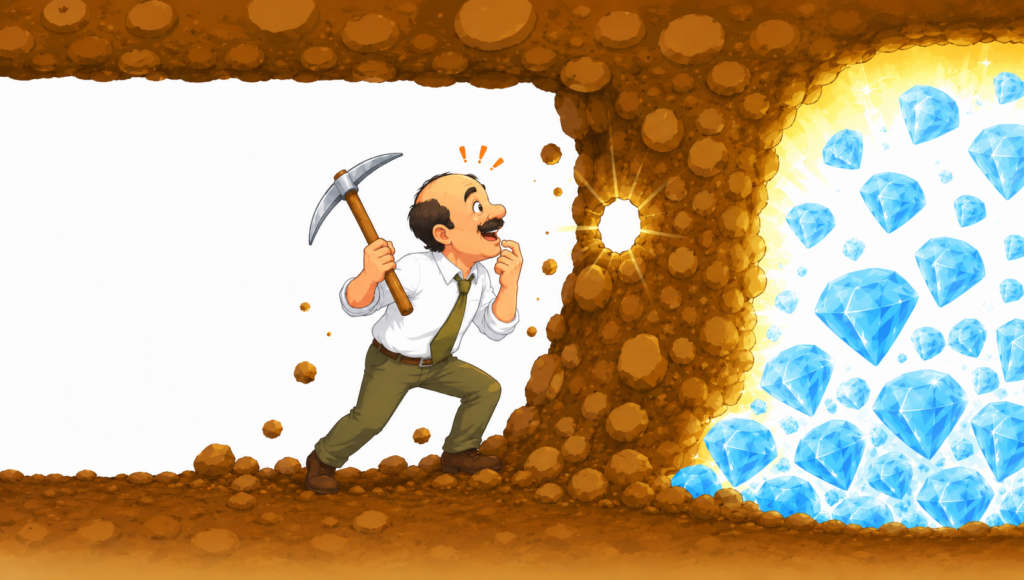 つるはしで壁に小さな穴を開け、すぐ先にあるダイヤモンドの鉱脈に気づいた男性のイラスト。諦めずにあと一歩進むことの大切さを表現した画像。
