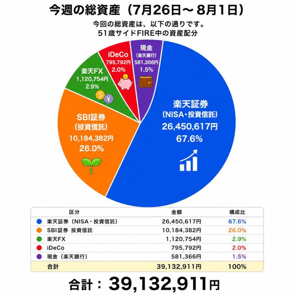 2026年7月26日~8月1日の総資産配分。総資産39,132,911円で、楽天証券67.6%、SBI証券26.0%、楽天FX2.9%、iDeCo2.0%、現金1.5%の内訳を示した円グラフ。