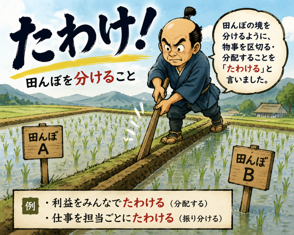 「たわけ」の語源を、田んぼを二つに分ける様子のイラストで解説した画像。田んぼを分けることで協力や効率を失うことを表現している。