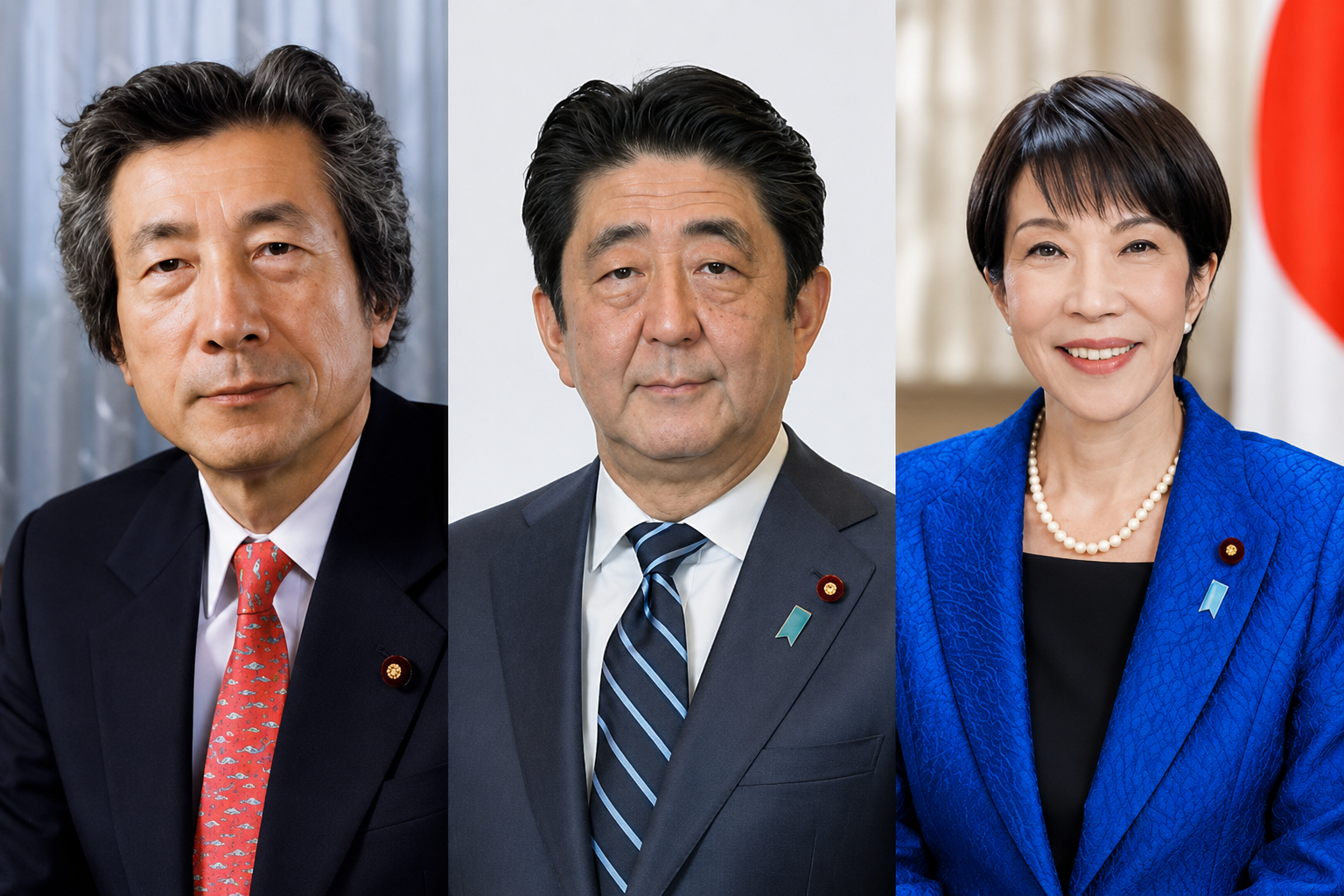 小泉純一郎元首相、安倍晋三元首相、高市早苗首相を並べたイメージ画像