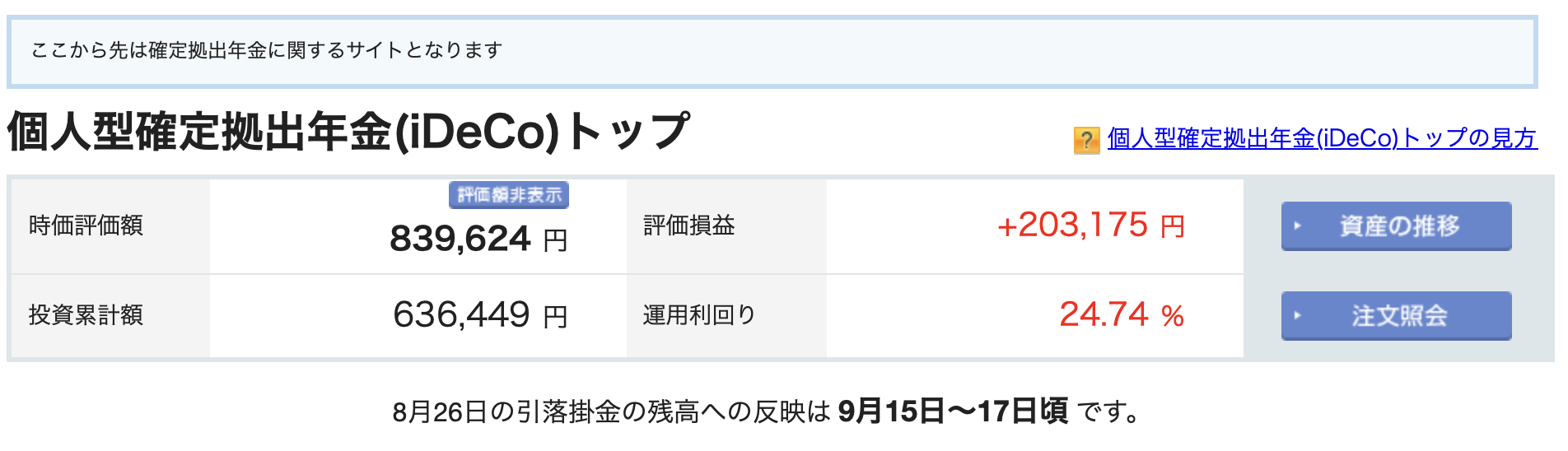 iDeCoの2026年8月29日時点の時価評価額、評価損益、運用利回り