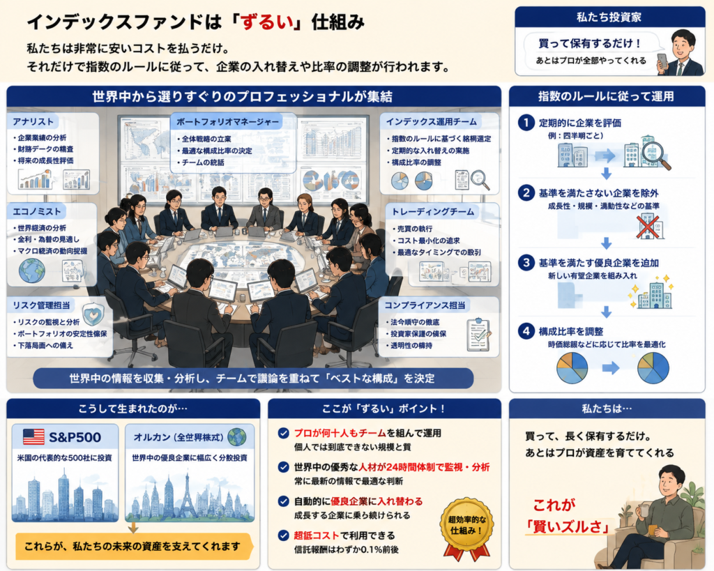 インデックスファンドの銘柄入れ替えと分散投資の仕組みを示す図