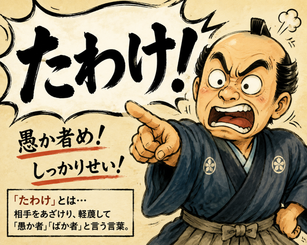 「たわけ」の意味を、怒る武士のイラストとともに「愚か者」「ばか者」という意味で分かりやすく解説したイメージ画像。