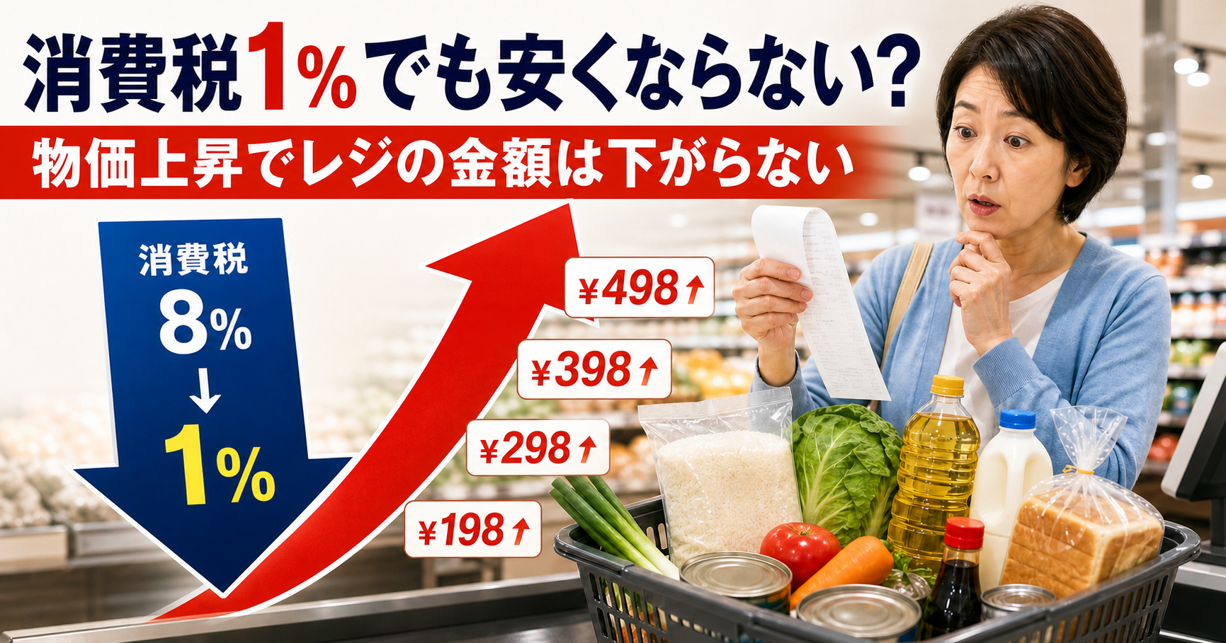 消費税が1％になっても物価上昇で食料品の会計が下がらない可能性を表すアイキャッチ画像