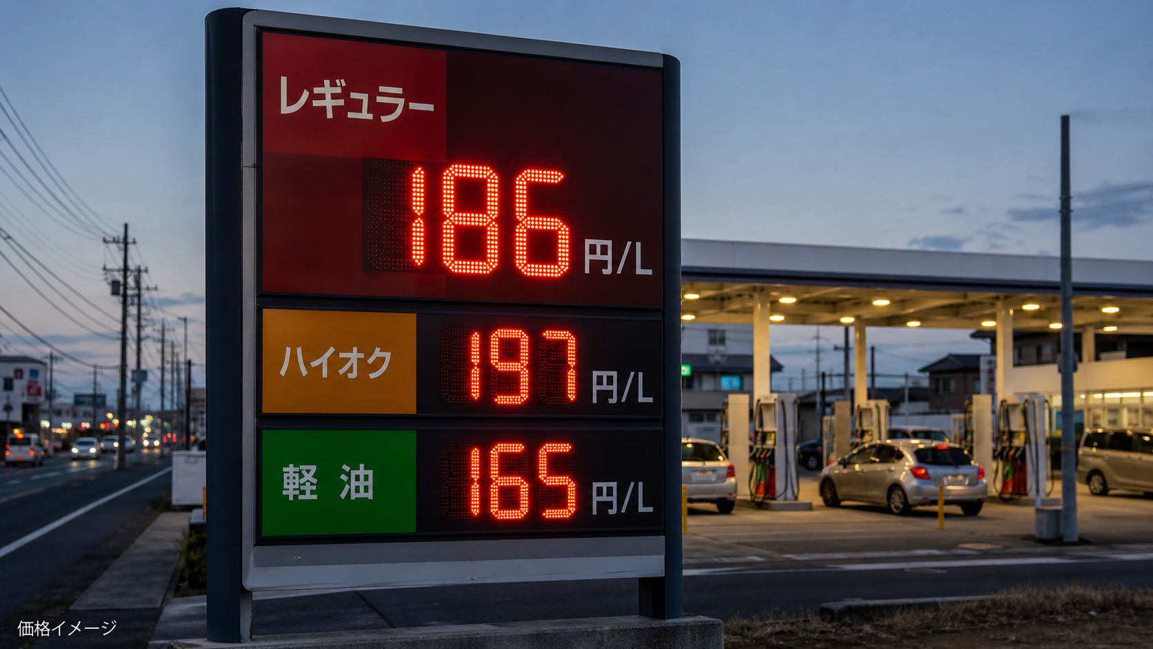 1リットル186円を表示するガソリンスタンドの価格看板イメージ