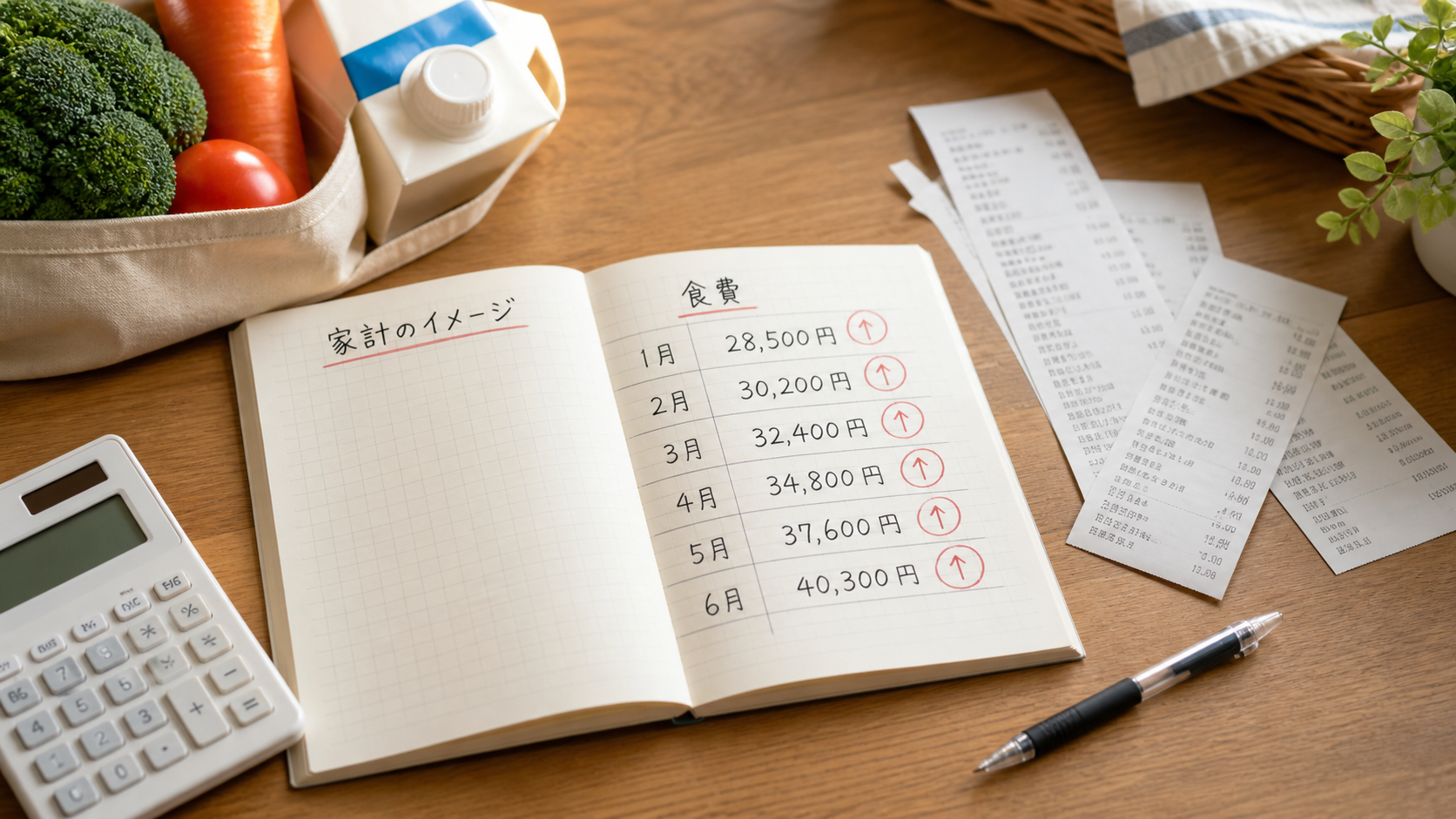 食卓に開かれた家計簿とレシート。月ごとの食費が増えているイメージ