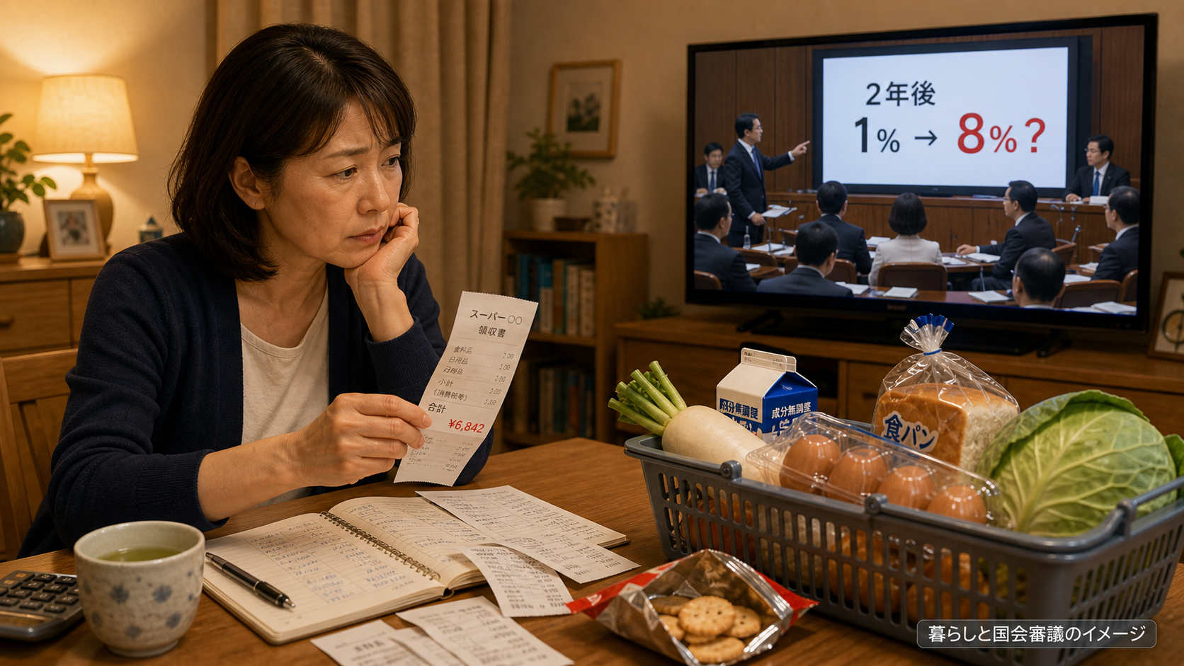 家計簿とレシートを確認しながら、テレビの国会審議で示された2年後の税率1%から8%への復帰を見る生活者